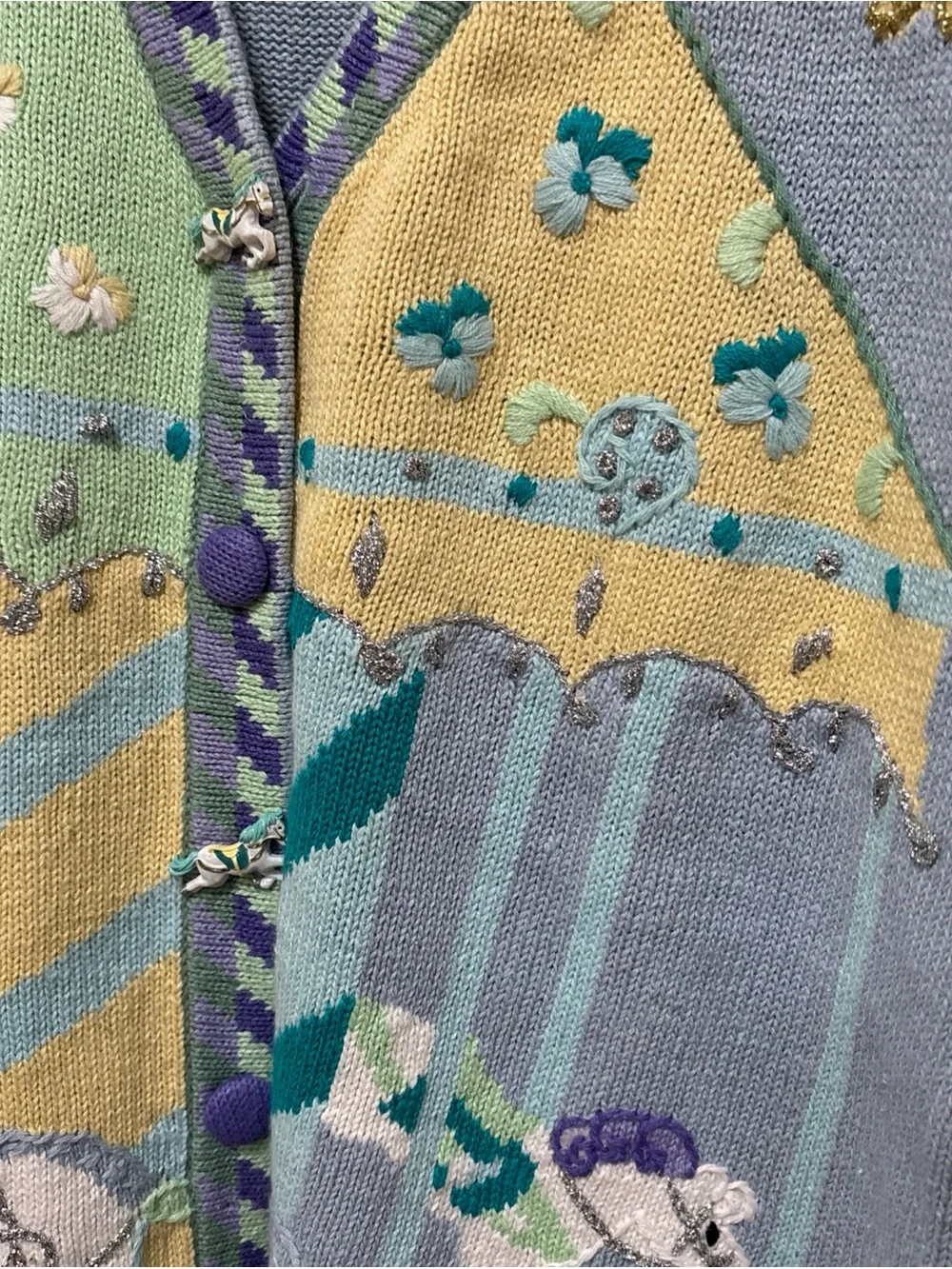 RARE Vintage Storybook Knits Women's MED Blue Purple Carousel Horses Cardigan - Picture 2 of 16